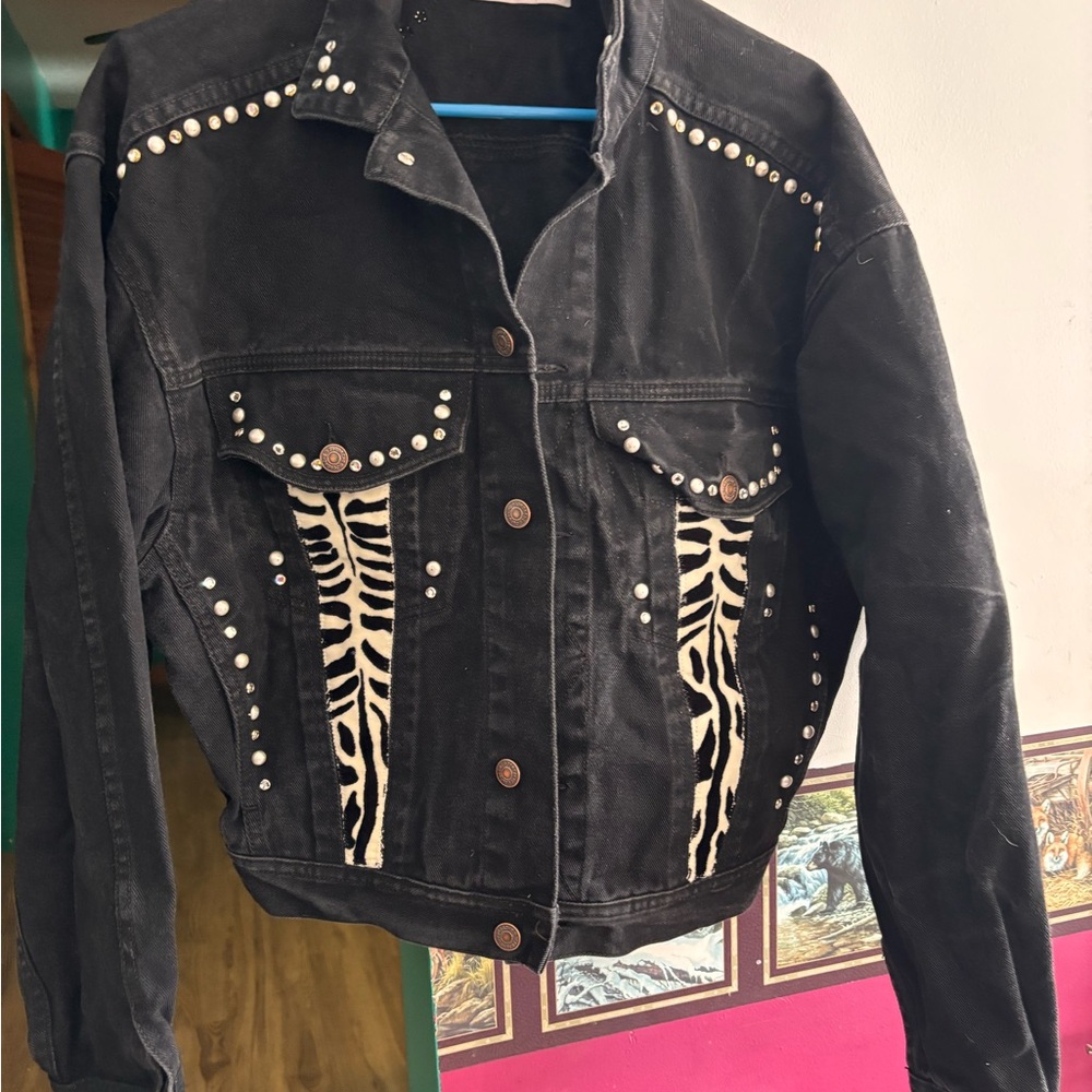 Jordache Black Denim Jacket with Zebra Trim - Picture 2 of 7